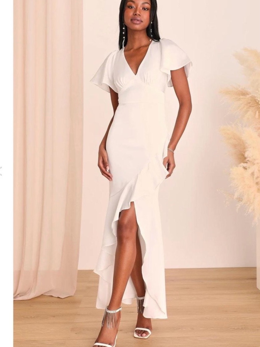 Eternal Bond White Satin Ruffled Flutter Sleeve